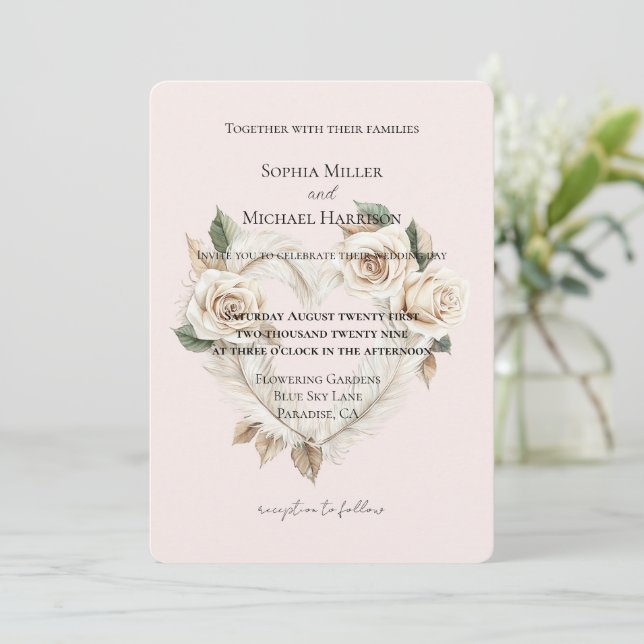 Convites Romantic Blush Roses Feathers Floral Heart Wedding (Em pé/Frente)