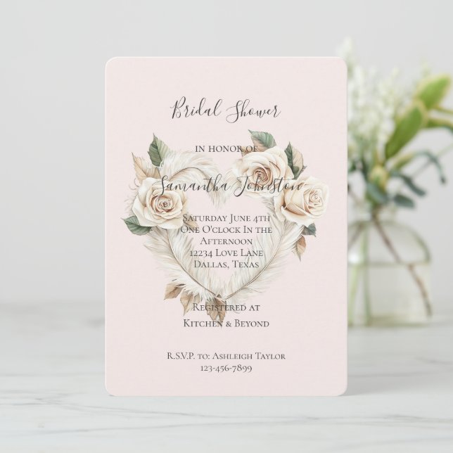 Convites Romantic Blush Roses Feathers Heart Bridal Shower (Em pé/Frente)