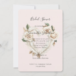 Convites Romantic Blush Roses Feathers Heart Bridal Shower
