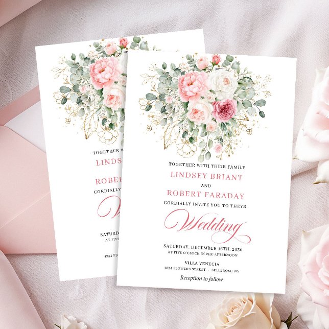 Convites Romantic Blush Roses Greenery Gold Wedding Invite (Romantic Blush Roses Greenery Gold Wedding Invite)