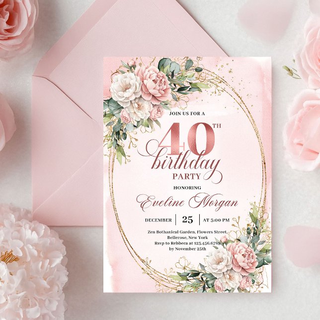 Convites Romantic Bohemian Blush Floral Gold 40th Birthday (Romantic Bohemian Blush Floral 40th Birthday Invitation)