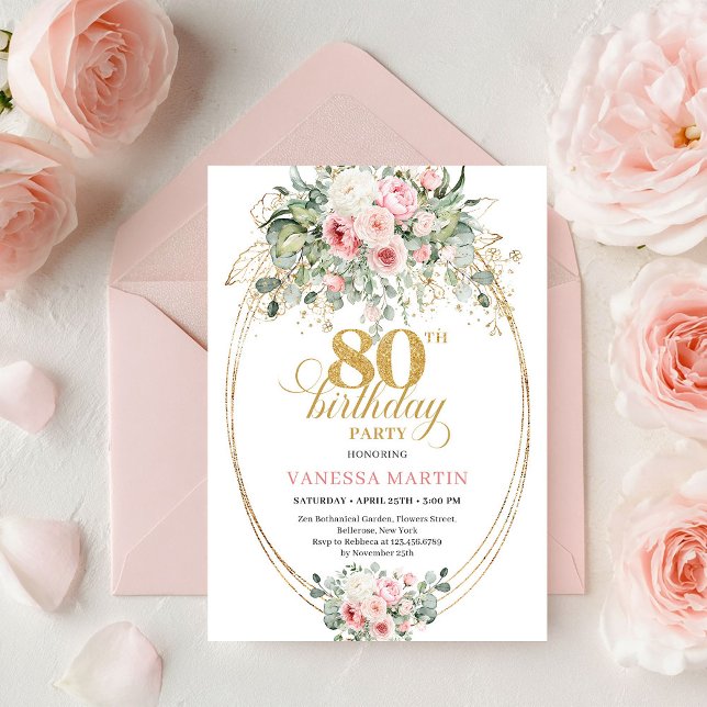 Convites Romantic Bohemian Blush Floral Gold 80th Birthday (Romantic Bohemian Blush Floral Gold 80th Birthday)