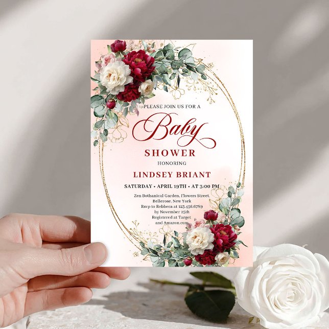 Convites Romantic Bohemian Deep Red Floral Baby Shower (Romantic Bohemian Deep Red Floral Baby Shower)