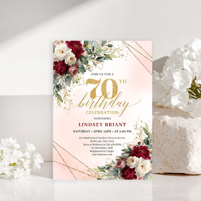 Convites Romantic Boho Burgundy Floral Happy 70th Invitе (Romantic Boho Burgundy Floral Happy 70th Invitation)