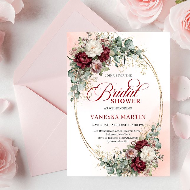 Convites Romantic Boho Burgundy Greenery Gold Bridal Shower (Romantic Burgundy Greenery Gold Bridal Shower Invite)