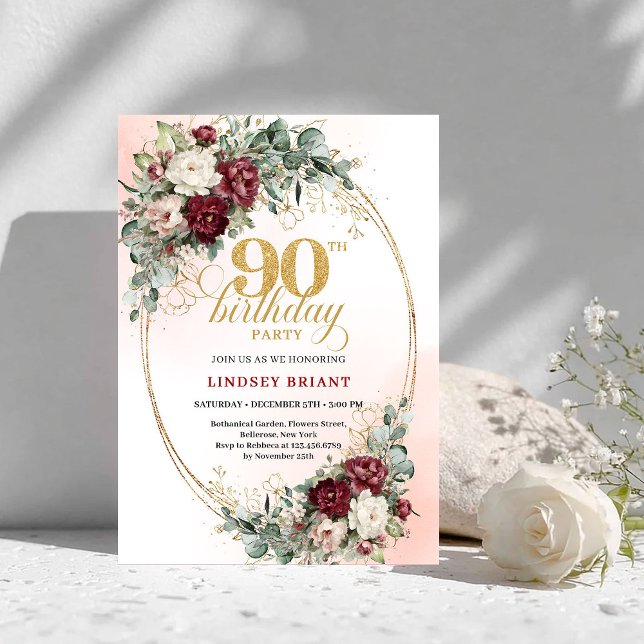 Convites Romantic Boho Deep Red Flowers Gold 90th Birthday (Romantic Deep Red Flowers Gold 90th Birthday Invite)