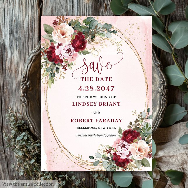 Convites Romantic Boho Maroon Blush Gold Flowers Save Date (Romantic Boho Maroon Blush Gold Flowers Save Date)