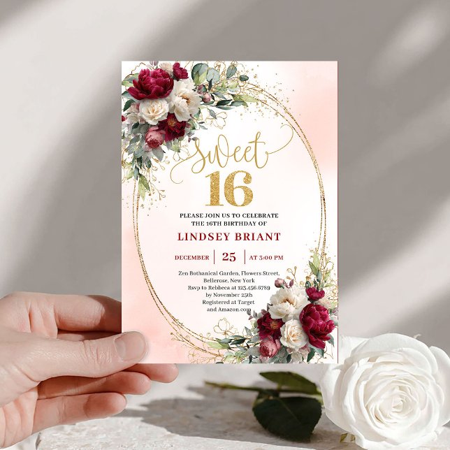 Convites Romantic Boho Merlot Gold Floral Sweet Sixteen  (Romantic Boho Merlot Gold Floral Sweet Sixteen Invite)
