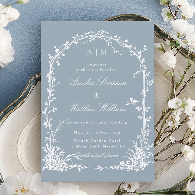 Convites Romantic Botanical Arch Garden Dusty Blue Wedding  (Criador carregado)