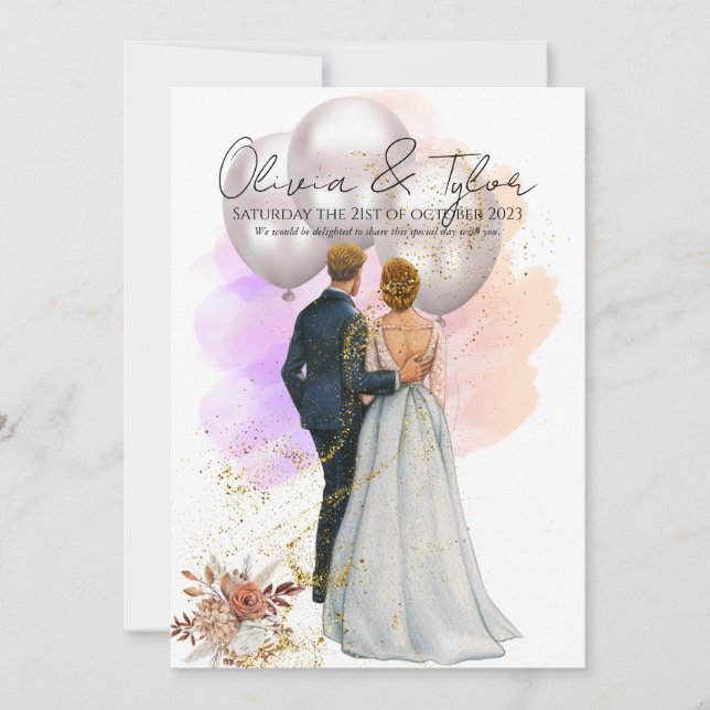 Convites Romantic Bride & Groom with Balloons (Frente)