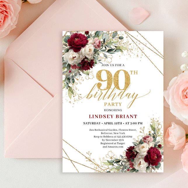 Convites Romantic Burgundy and White Floral 90th Birthday  (Romantic Burgundy and White Floral 90th Birthday Invite)
