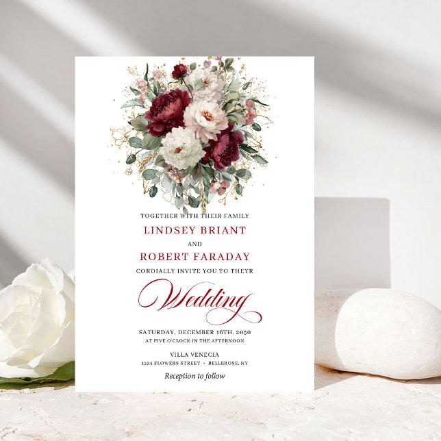 Convites Romantic Burgundy and White Flowers Wedding Invite (Romantic Burgundy and White Flowers Wedding Invite)