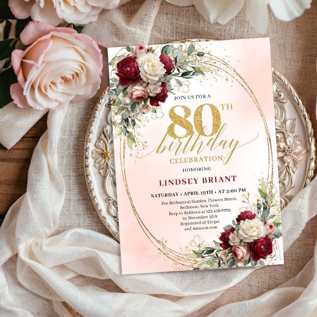 Convites Romantic Burgundy Floral Gold Frame 80th Birthday  (Romantic Burgundy Floral Gold Frame 80th Birthday Invite)