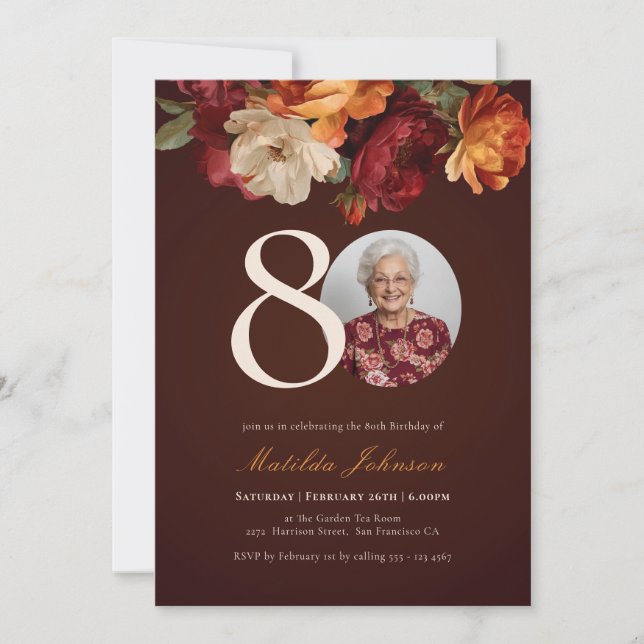 Convites Romantic Burgundy Floral Photo 80th Birthday (Frente)