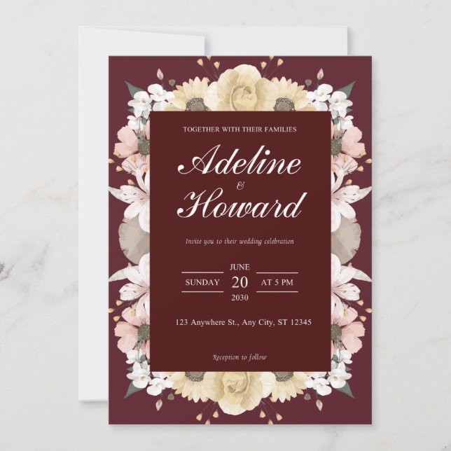 Convites Romantic Burgundy Floral Wedding Invitation card (Frente)