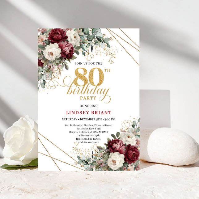 Convites Romantic Burgundy Greenery 80th Birthday (Romantic Burgundy Greenery 80th Birthday)