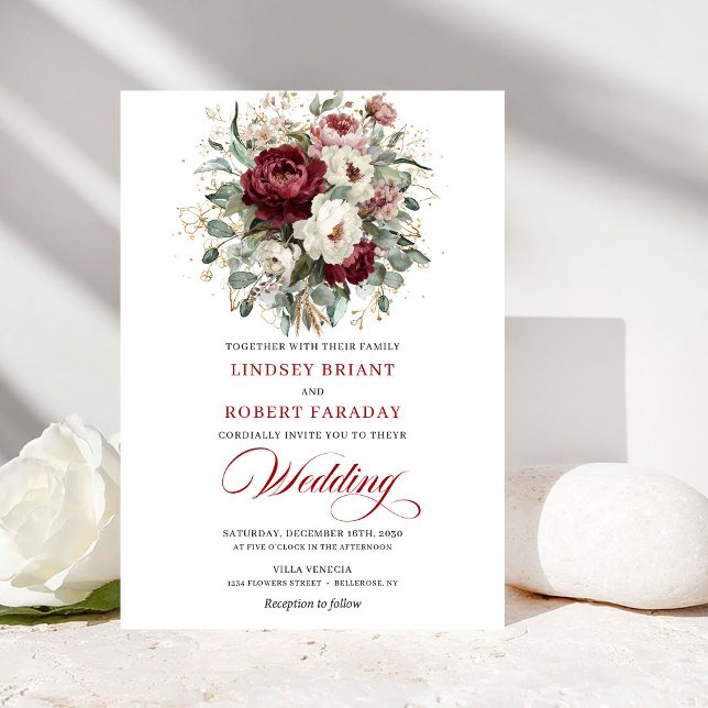 Convites Romantic Burgundy White Floral Eucalyptus Wedding  (Romantic Burgundy White Floral Eucalyptus Wedding Invite)