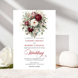 Convites Romantic Burgundy White Floral Gold Wedding Invite