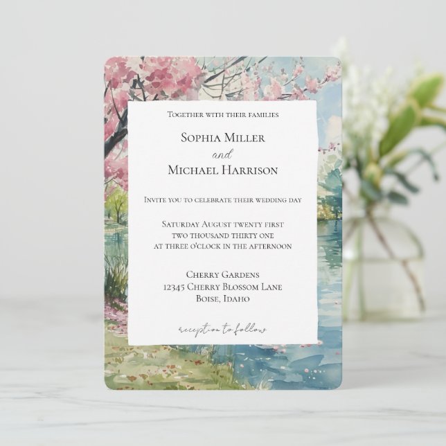 Convites Romantic Cherry Blossom Floral Lake Wedding (Em pé/Frente)