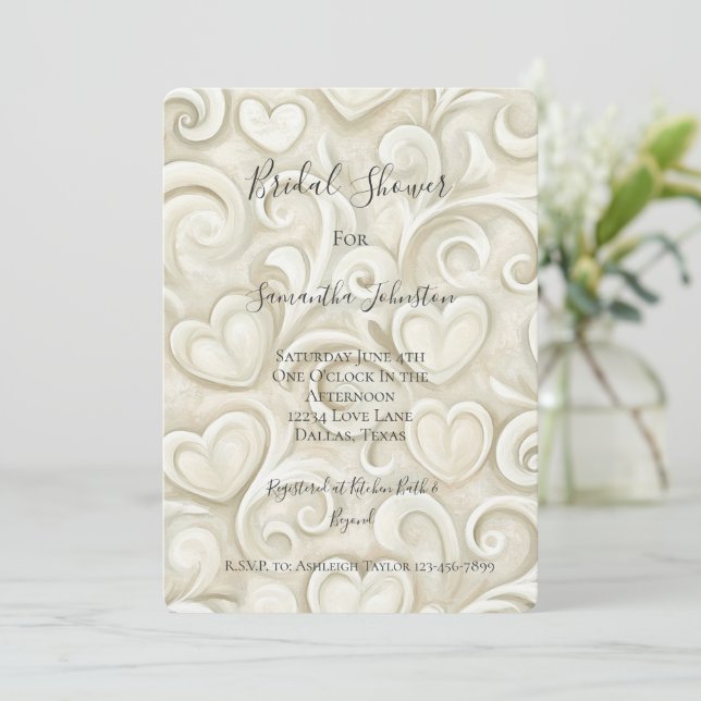 Convites Romantic Chic Heart Swirls Bridal Shower (Em pé/Frente)