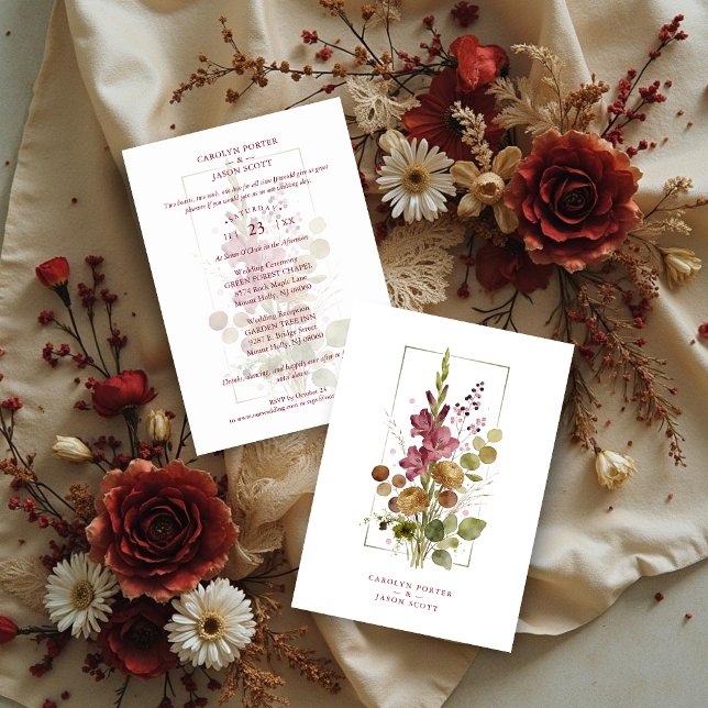 Convites Romantic Chic Rustic Botanical Wildflowers Wedding (Romantic Rustic Botanical Wildflowers Bunch Wedding Invitation Card Design.)