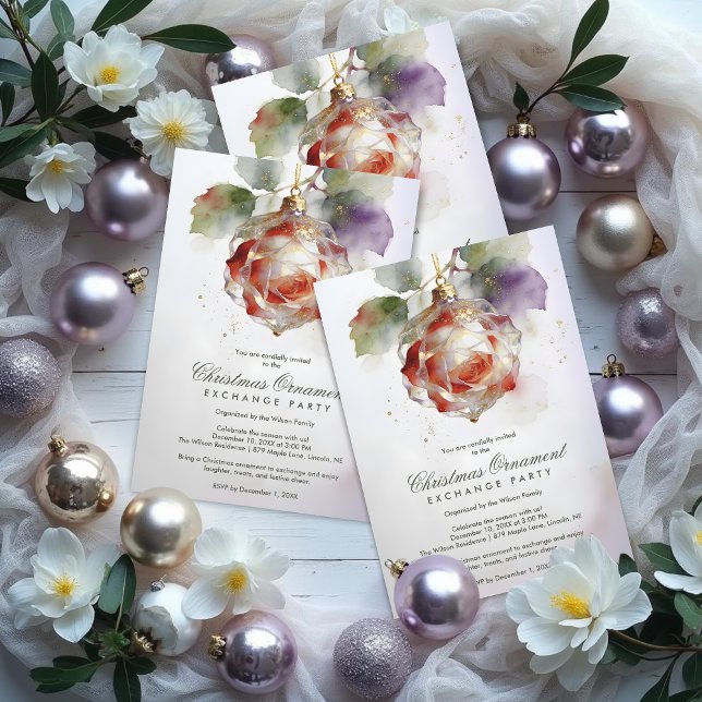 Convites Romantic Christmas Ornament Shaped Like a Rose (Romantic Christmas Ornament Shaped Like a Rose Watercolor Effect Exchange Party Invitation Card.)