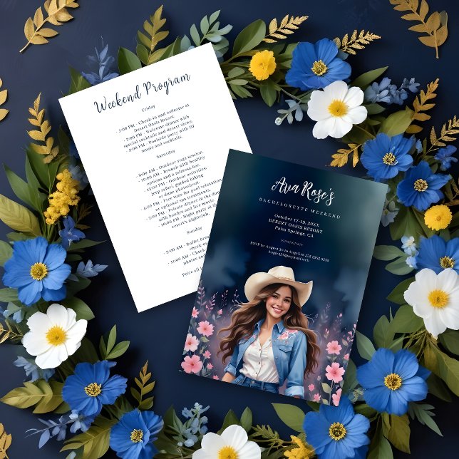Convites Romantic Cowgirl Pink Flowers Bachelorette Weekend (Romantic Cowgirl on Dark Background with Pink Flowers Bachelorette Weekend Invitation Card. )