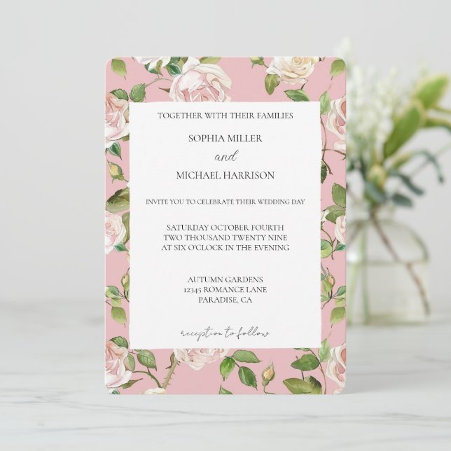 Convites Romantic Cream Blush Pink Floral Wedding (Em pé/Frente)