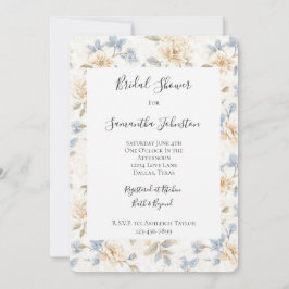Convites Romantic Cream Floral Blue Leaves Bridal Shower