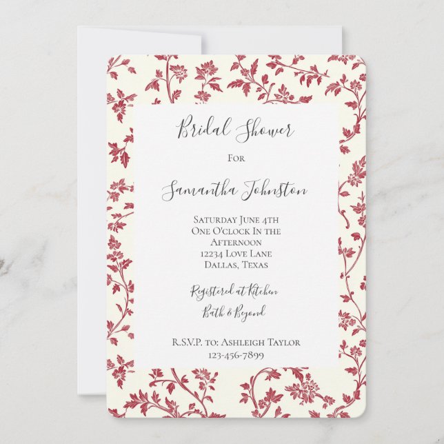 Convites Romantic Cream Red Leaves Bridal Shower (Frente)