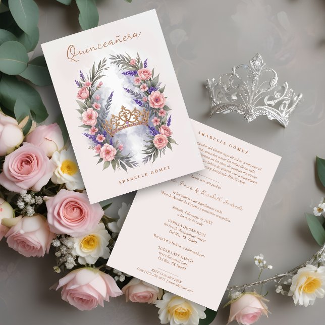 Convites Romantic Cute Quinceañera Princess Tiara in Bloom (Romantic Cute Quinceañera Princess Tiara in Bloom Garland Invitation Card. )