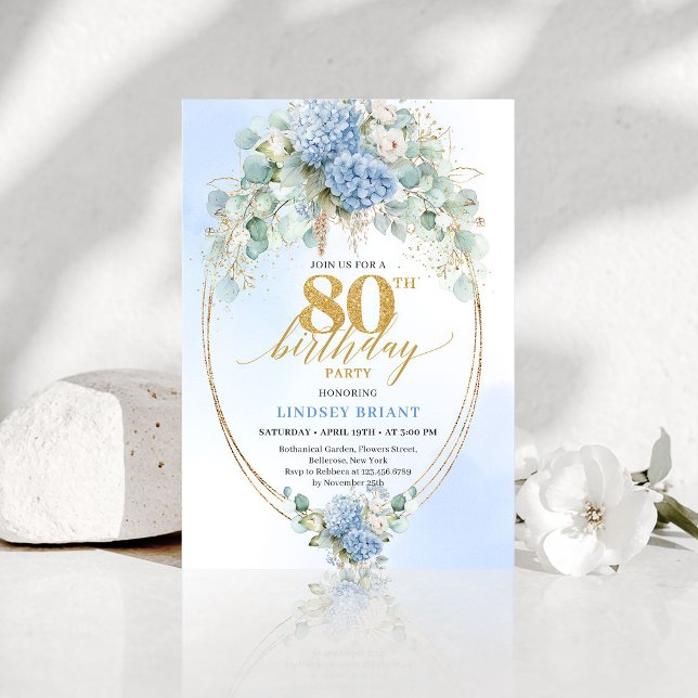 Convites Romantic Dusty Blue Floral Gold 80th Birthday (Romantic Dusty Blue Floral Gold 80th Birthday Invite)