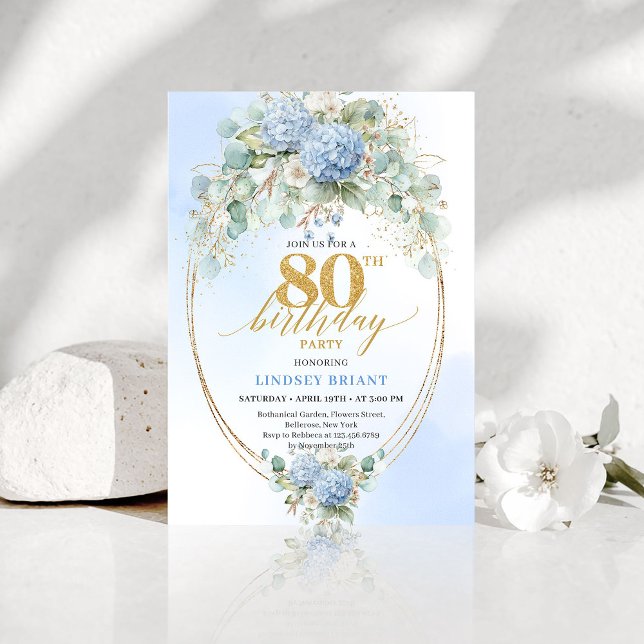 Convites Romantic Dusty Blue Garden 80th Birthday Invite (Romantic Dusty Blue Garden 80th Birthday Invitation)