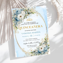 Convites Romantic Dusty Blue Gold Greenery Quince Invites