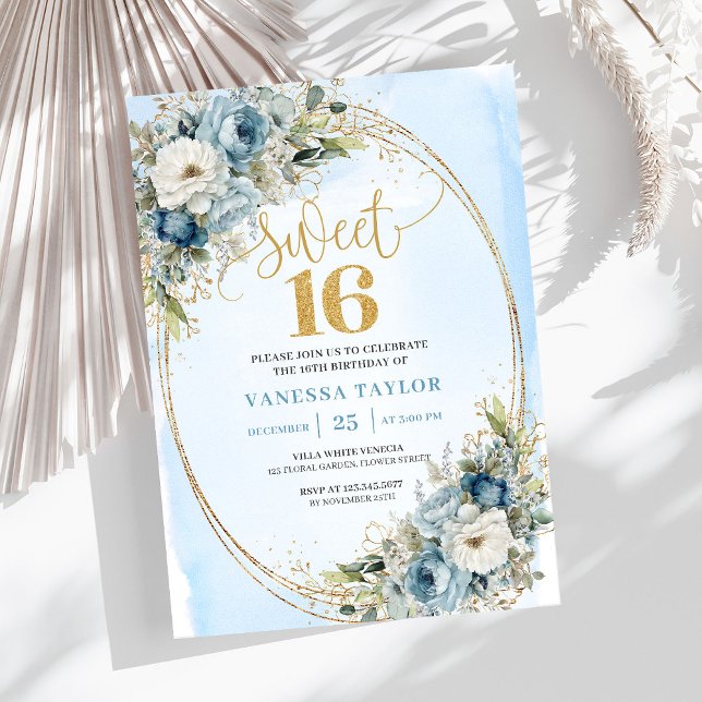 Convites Romantic Dusty Blue Greenery Sweet Sixteen Invite (Romantic Dusty Blue Greenery Sweet Sixteen Invite)