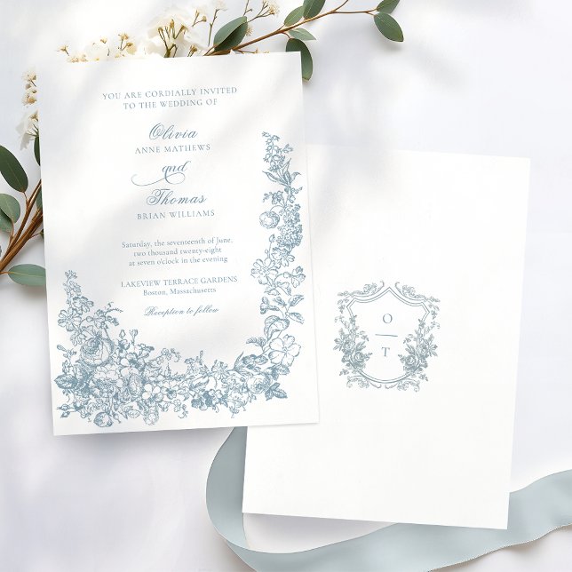 Convites Romantic Dusty Blue Line Art Floral Wedding (Criador carregado)