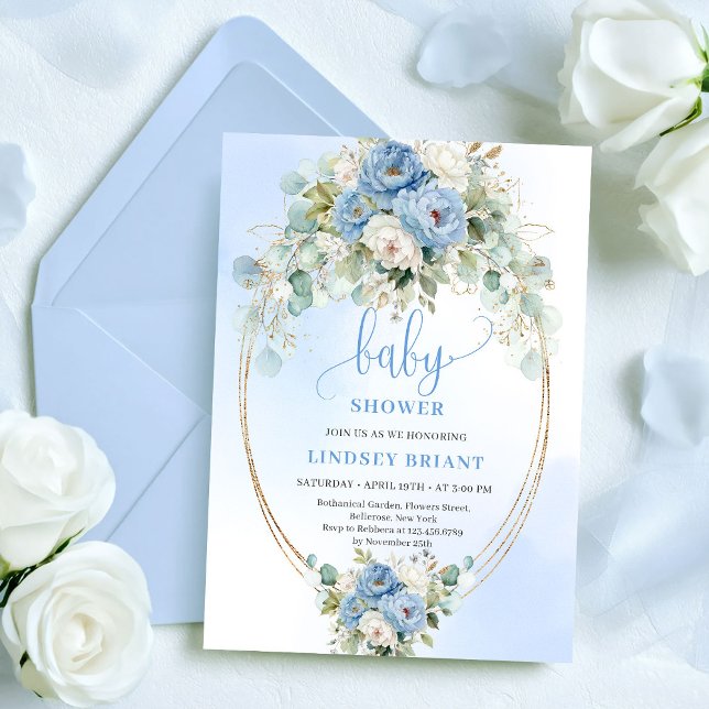 Convites Romantic Dusty Blue Peonies Eucalyptus Gold Shower (Romantic Dusty Blue Peonies Eucalyptus Shower Invite

)
