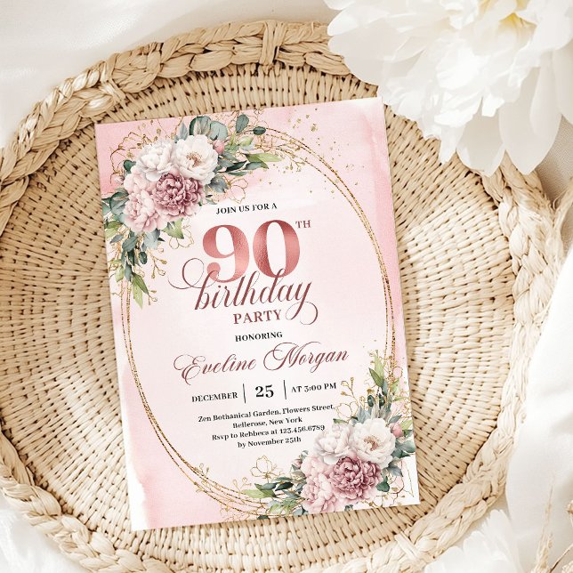 Convites Romantic Dusty Pink Gold Eucalyptus 90th Birthday  (Rose Gold Blush Floral 50th Birthday 36-50)