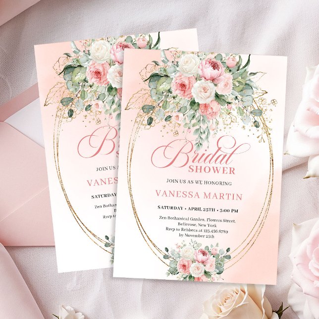 Convites Romantic Dusty Rose Eucalyptus Gold Bridal Shower (Romantic Dusty Rose Eucalyptus Bridal Shower Invitation)