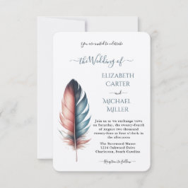Convites Romantic Dusty Rose Teal Feather Wedding