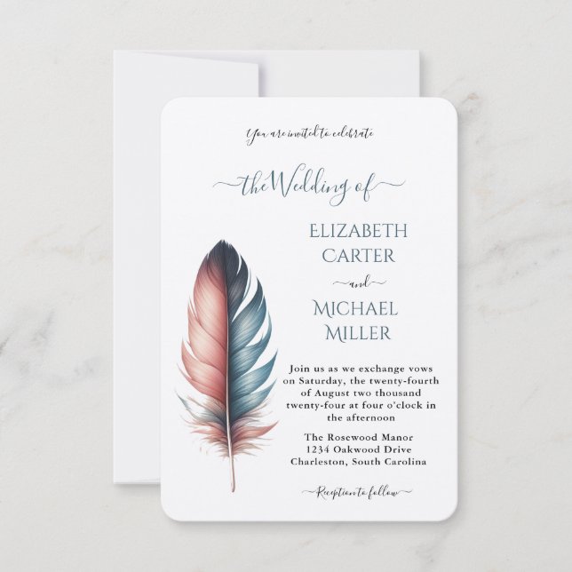 Convites Romantic Dusty Rose Teal Feather  Wedding (Frente)