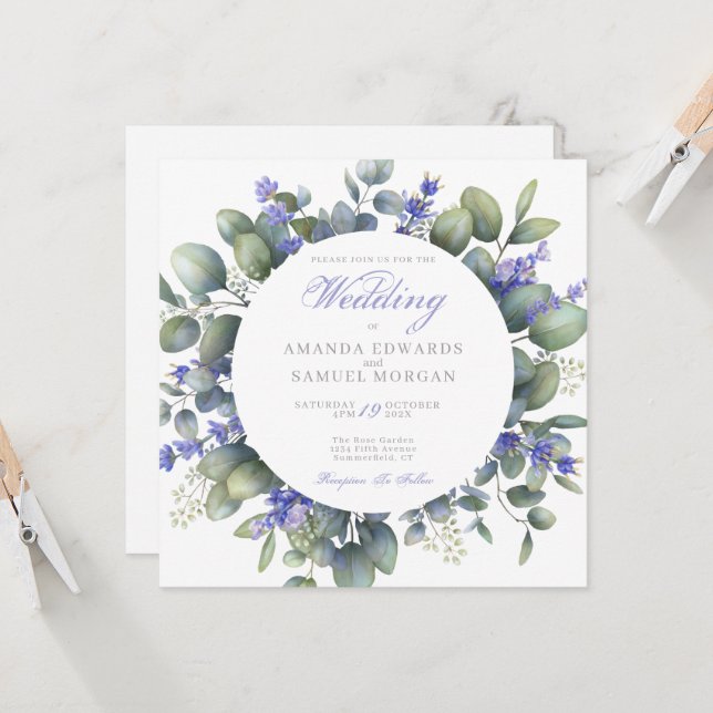Convites Romantic Eucalyptus & Lavender Wedding Invitation (Frente/Verso In Situ)