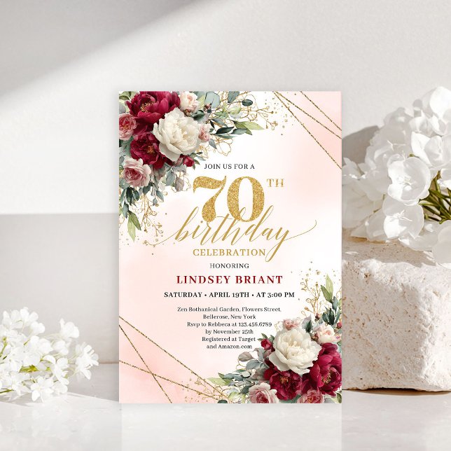 Convites Romantic Floral Gold 70th Birthday Invitation (Romantic Floral Gold 70th Birthday Invitation)
