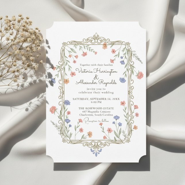 Convites Romantic Floral Gold Frame Wedding Invitation (Romantic floral wedding invitation with delicate gold frame)