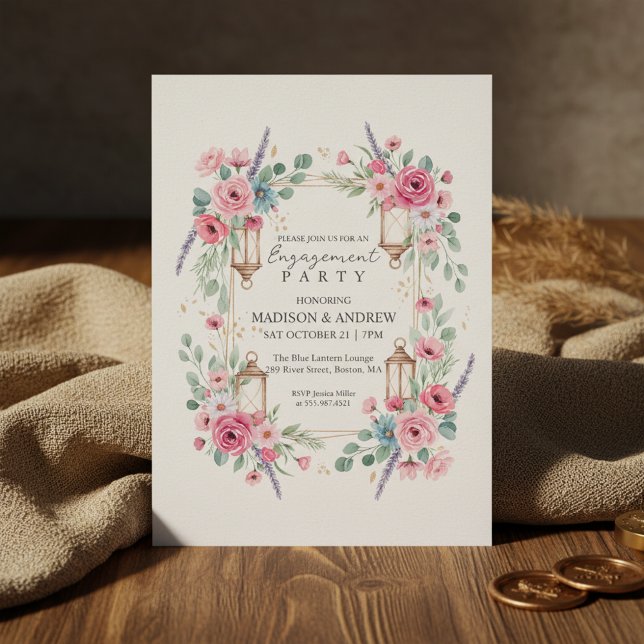 Convites Romantic Floral Lantern Engagement Invitation (A romantic engagement invitation design featuring soft watercolor florals)