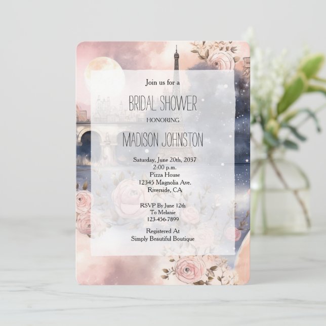 Convites Romantic Floral Paris Eiffel Tower Bridal Shower (Em pé/Frente)