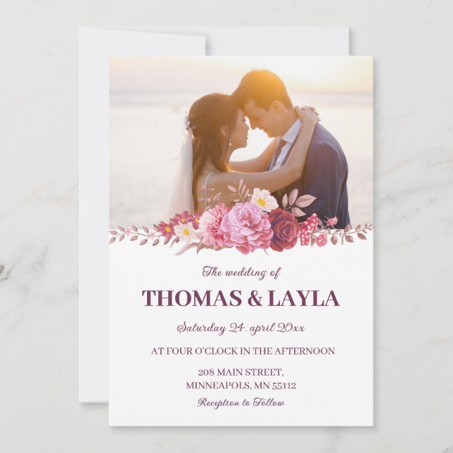 Convites Romantic Floral Wedding Invitation with Photo (Frente)