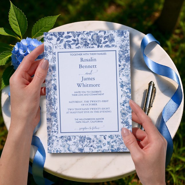 Convites Romantic French Blue Toile Garden Frame Wedding (Romantic French Blue Toile Garden Frame Wedding Invitation)
