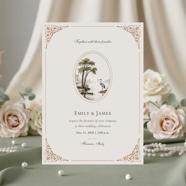 Convites Romantic French Heron Oval Frame Wedding Invitatio (Criador carregado)