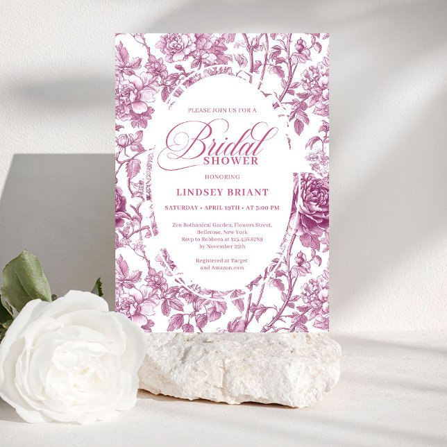 Convites Romantic Fuchsia Pink Roses Pattern Bridal Shower  (Romantic Fuchsia Pink Roses Pattern Bridal Shower Invite)